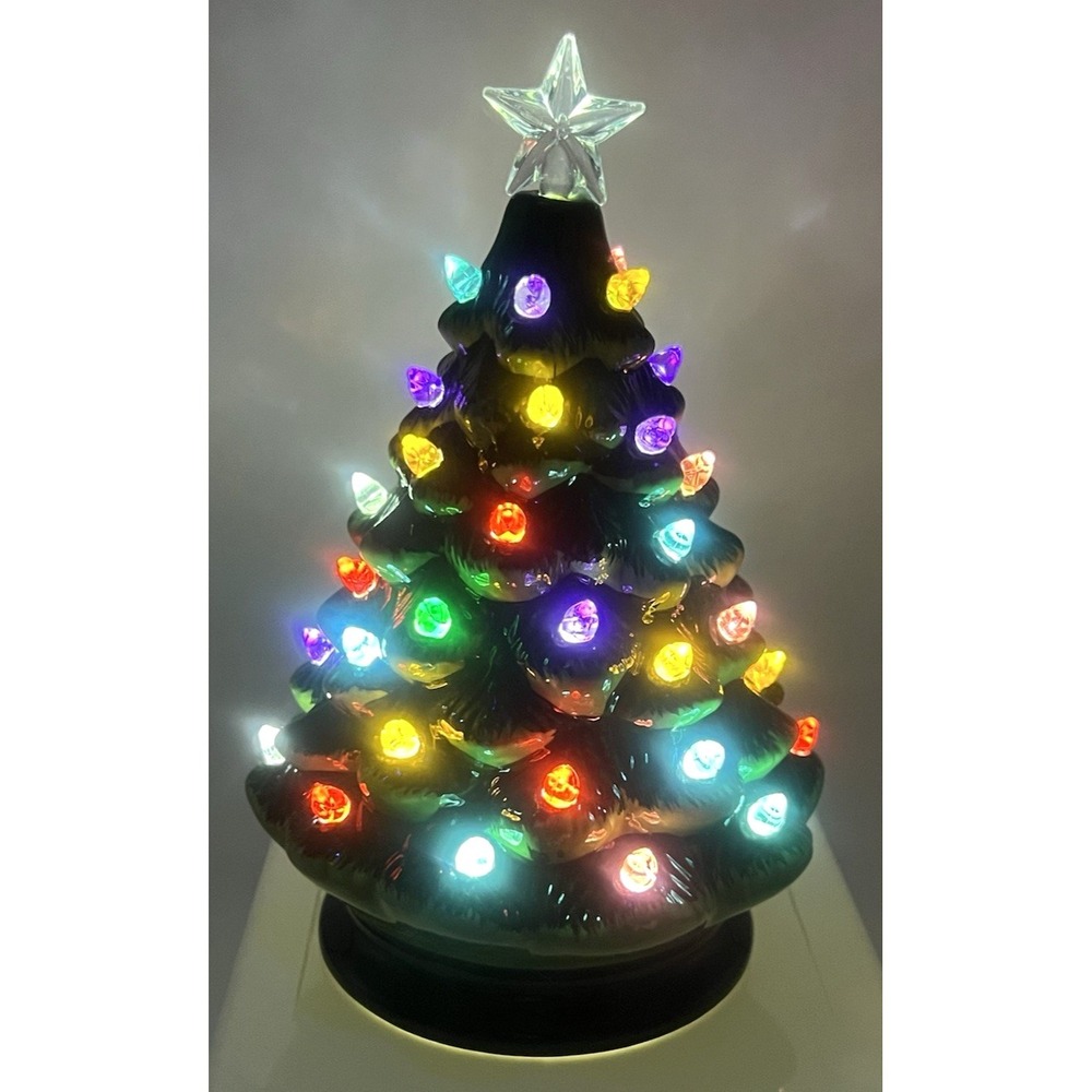 RAZ Imports Green Ceramic Lighted Christmas Tree Multi Color Batteries